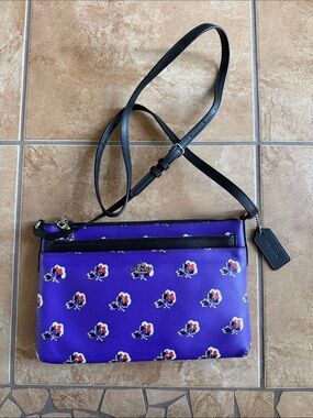 Coach Purple Floral Leather Crossbody with Black Strap